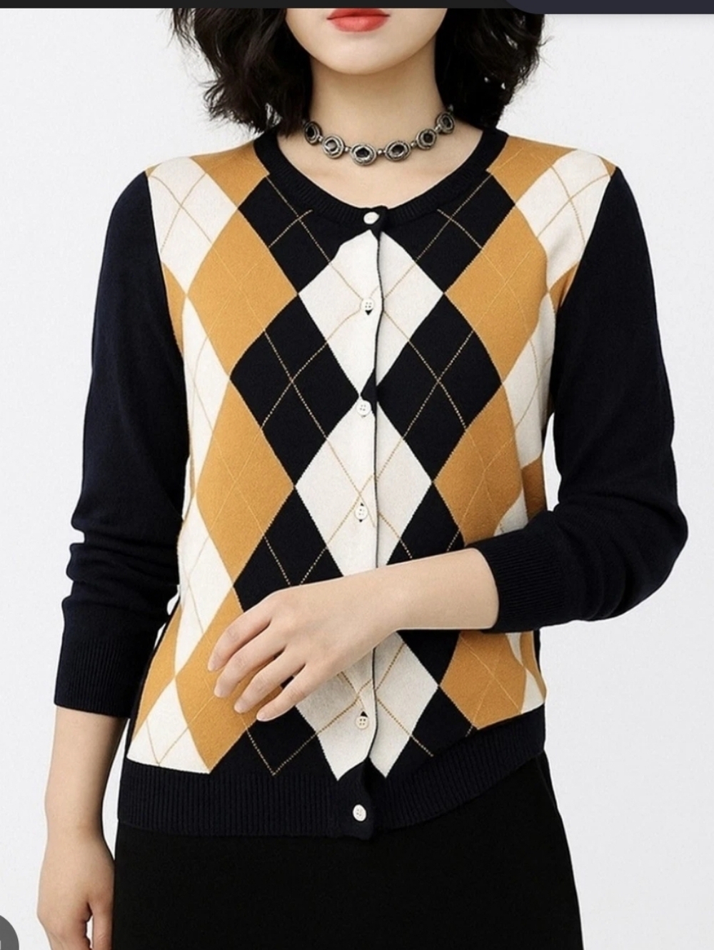 Vintage J. Crew 100% Cotton Navy, Camel and White Argyle Cardigan Sweater_XS